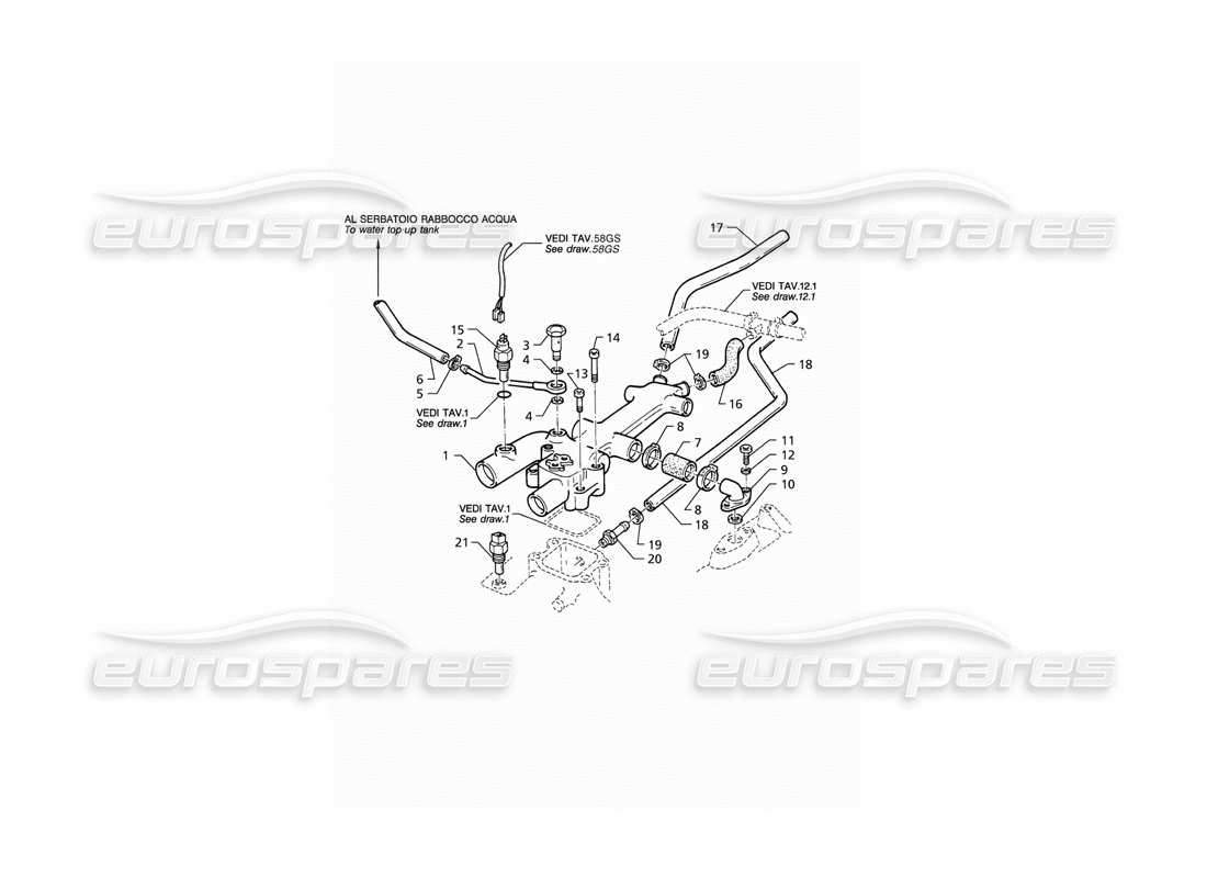 maserati qtp v8 (1998) schéma des pièces des tuyaux de refroidissement du moteur et du thermostat (lhd)