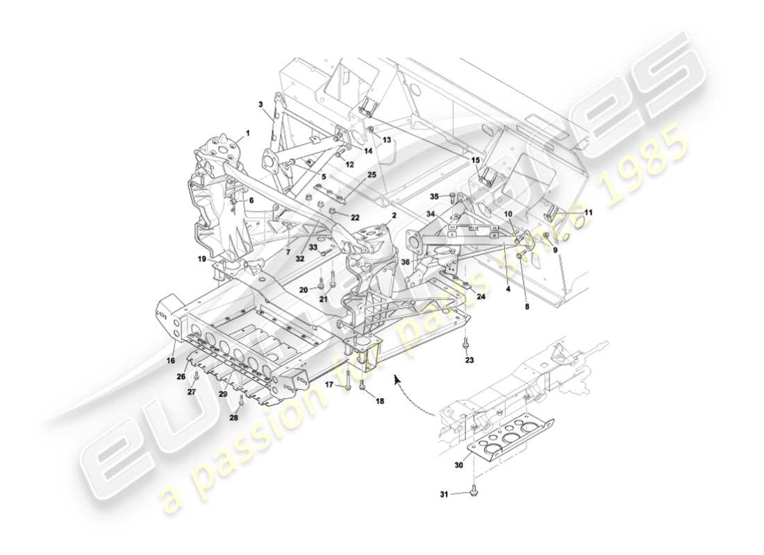 aston martin vanquish (2004) diagramme des pièces de la structure de support du corps avant