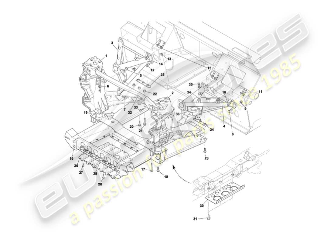 aston martin vanquish (2003) diagramme des pièces de la structure de support du corps avant
