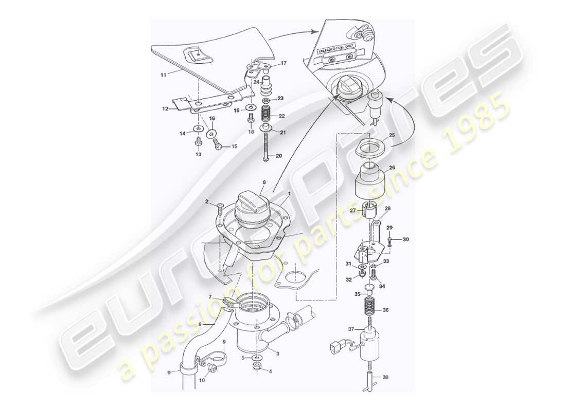 aston martin v8 virage (2000) trappes de remplissage de carburant, diagramme de pièces volante