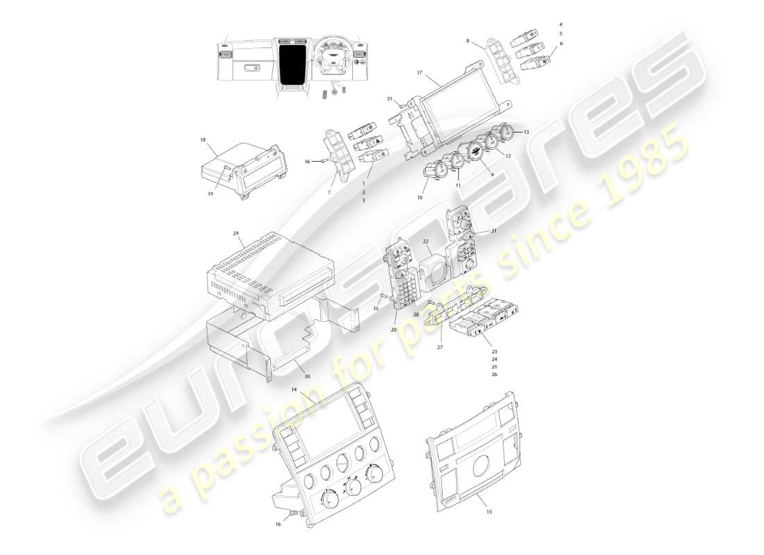aston martin vanquish (2004) instruments et commandes, 06my vin 501949 sur le diagramme de pièce