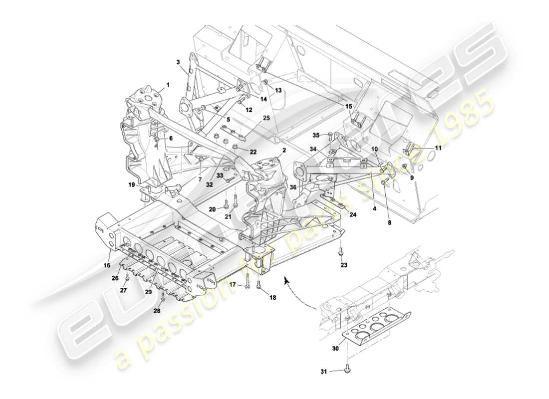 aston martin vanquish (2007) diagramme des pièces de la structure de support du corps avant