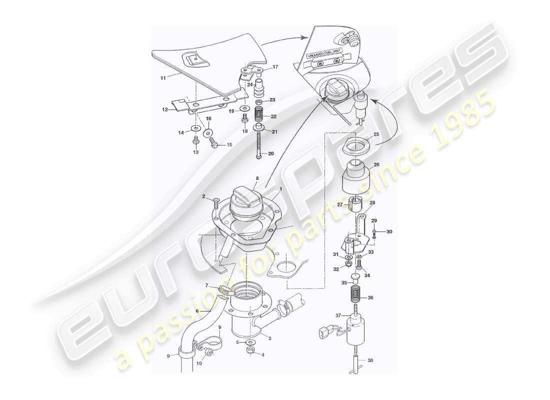 aston martin v8 virage (1999) trappes de remplissage de carburant, diagramme de pièces volante