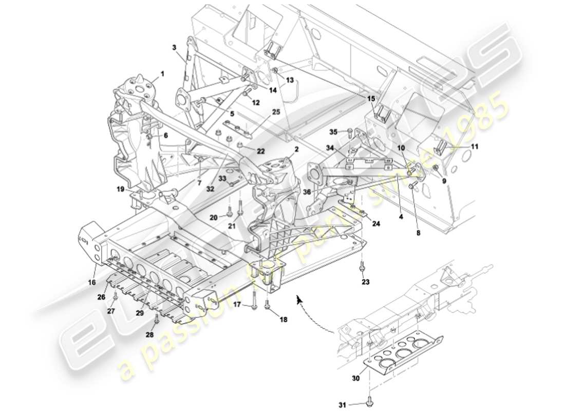aston martin vanquish (2001) diagramme des pièces de la structure de support du corps avant