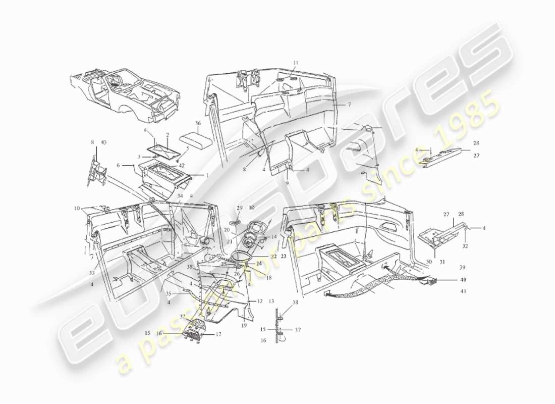 aston martin v8 virage (1999) garniture arrière, diagramme de pièce volante