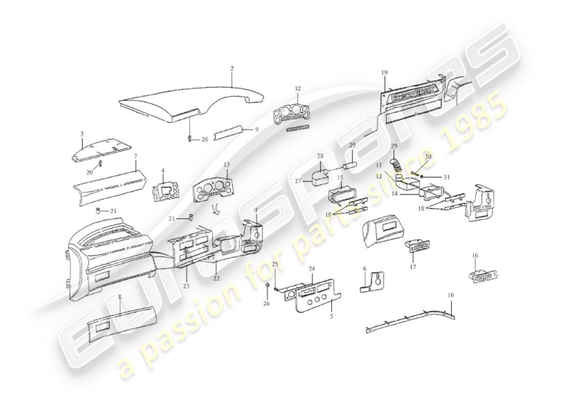 aston martin v8 virage (1999) boîtier de tableau de bord, diagramme de pièce volante
