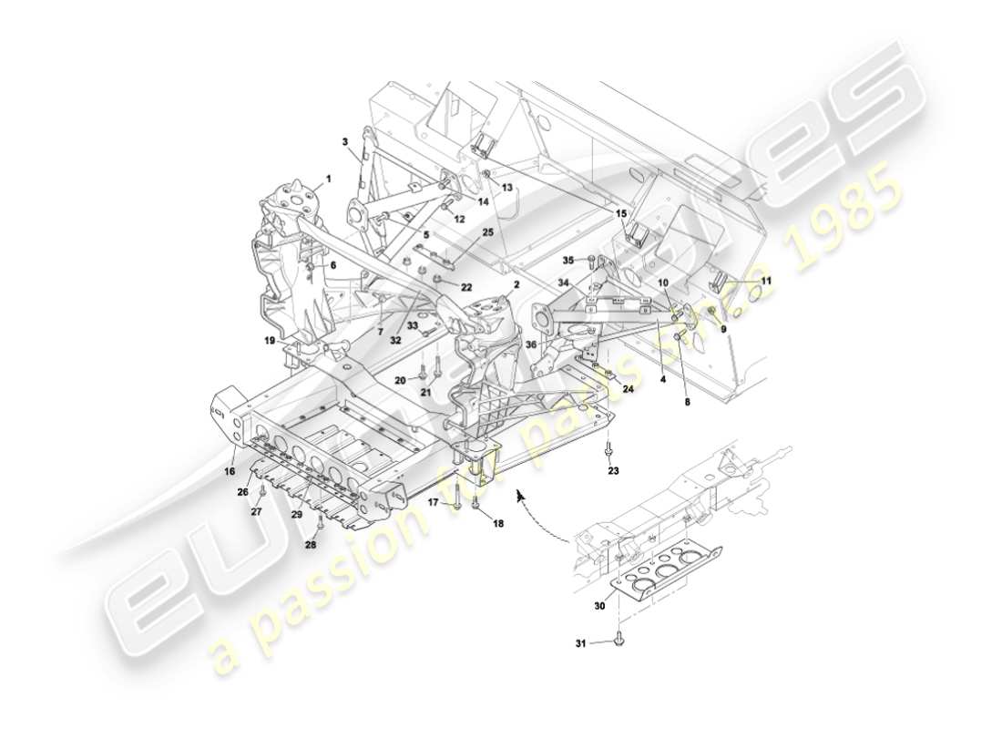 aston martin vanquish (2006) diagramme des pièces de la structure de support du corps avant