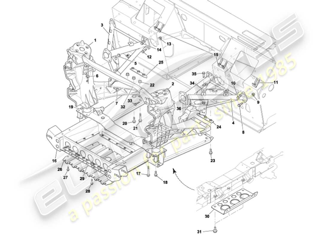 aston martin vanquish (2002) diagramme des pièces de la structure de support du corps avant