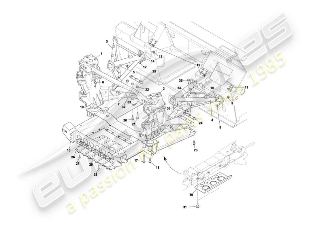 aston martin vanquish (2005) diagramme des pièces de la structure de support du corps avant