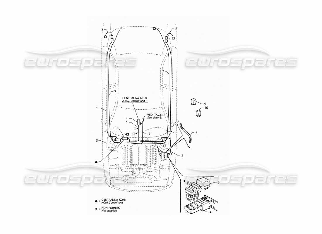 maserati qtp v8 (1998) système électrique : abs et suspension « koni » (lhd) - schéma des pièces