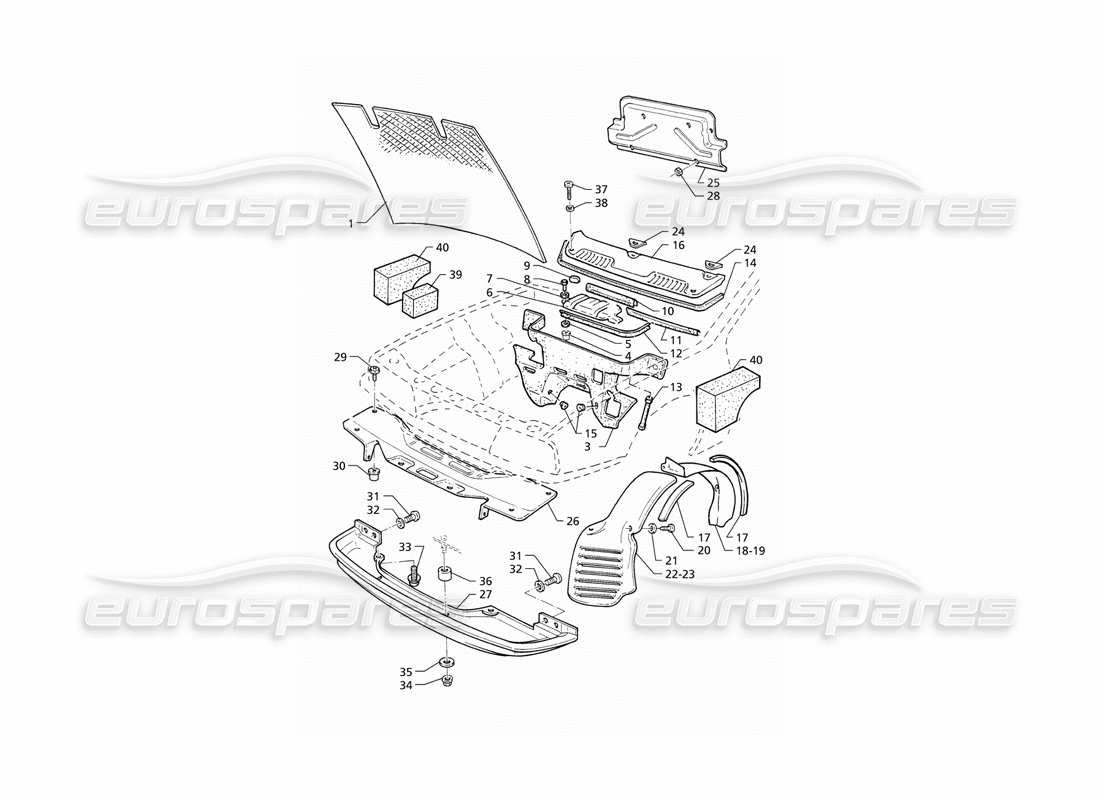 maserati qtp v8 (1998) schéma des pièces du capot et du compartiment moteur (lhd)