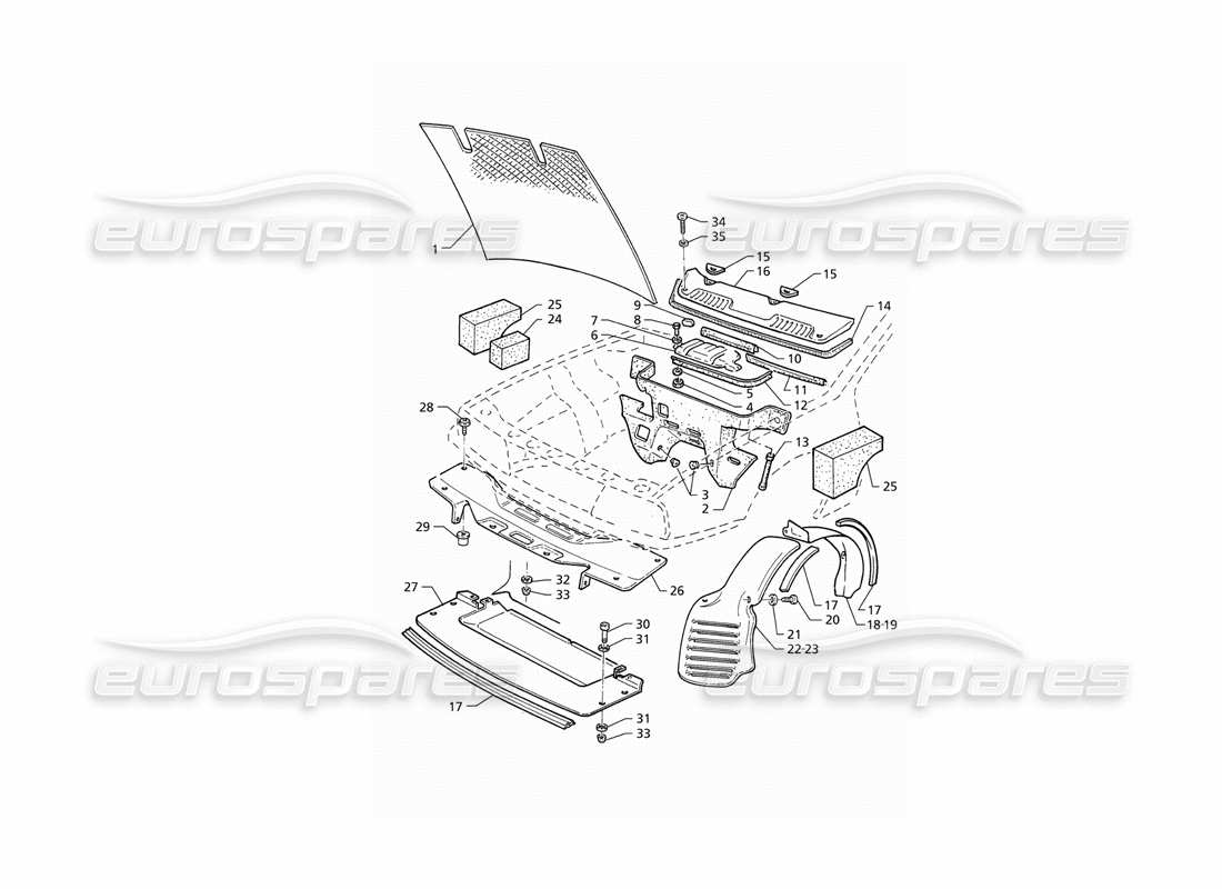 maserati qtp v6 (1996) schéma des pièces du capot et du compartiment moteur (rhd)