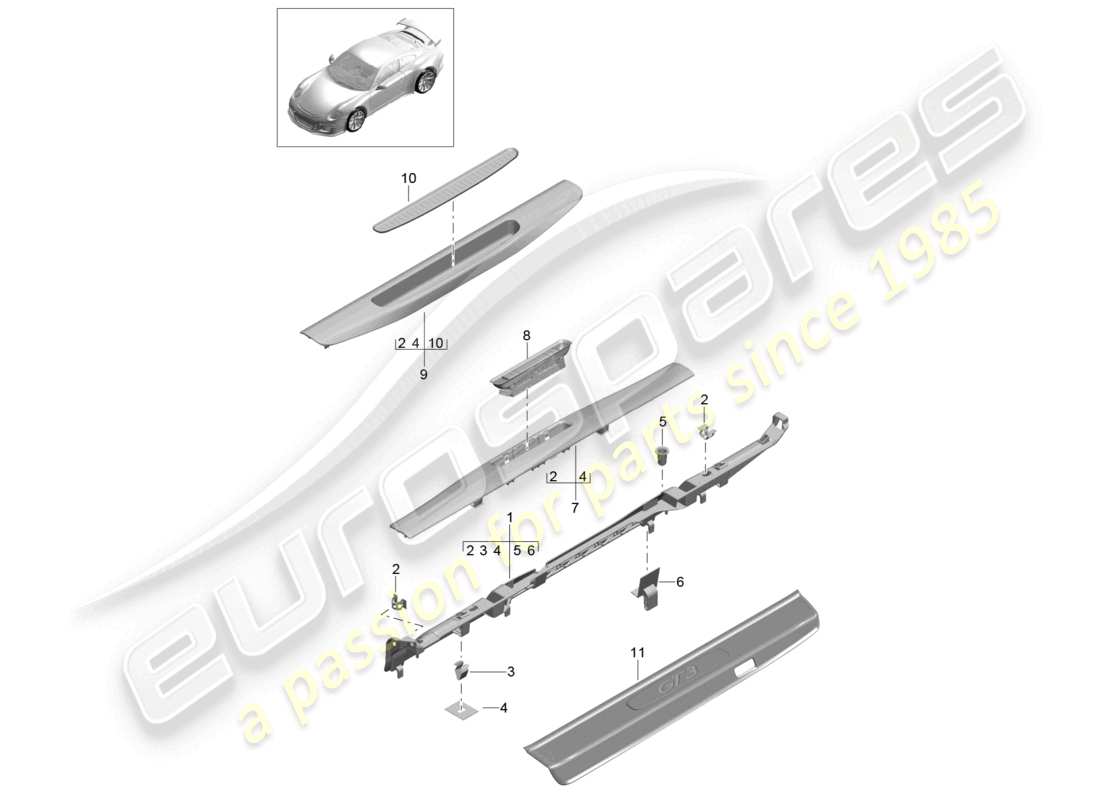 porsche 2021 (991-2 r/gt3/rs) schéma des pièces de seuil de garniture