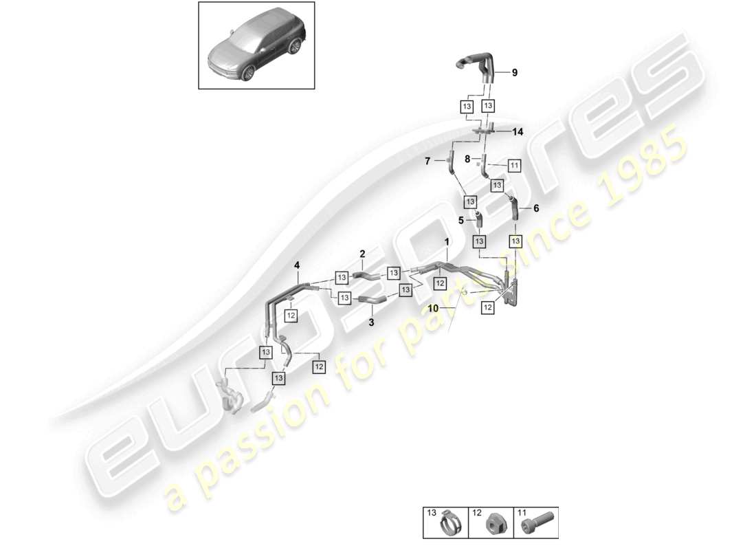 porsche 2024 (cayenne e3 9ya/9yb) chauffage v6 circuit basse température arrière pour véhicules à propulsion hybride schéma des pièces