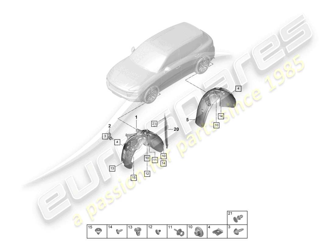 porsche 2021 (cayenne e3 9ya/9yb) schéma des pièces de la garniture de logement de roue