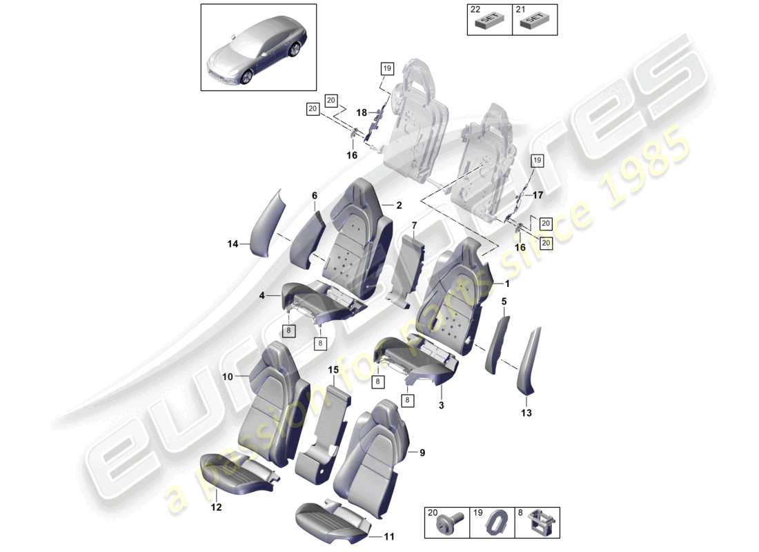 porsche 2021 (panamera 971-1) siège arrière pour véhicules à empattement allongé version confort housses de siège en mousse diagramme des pièces