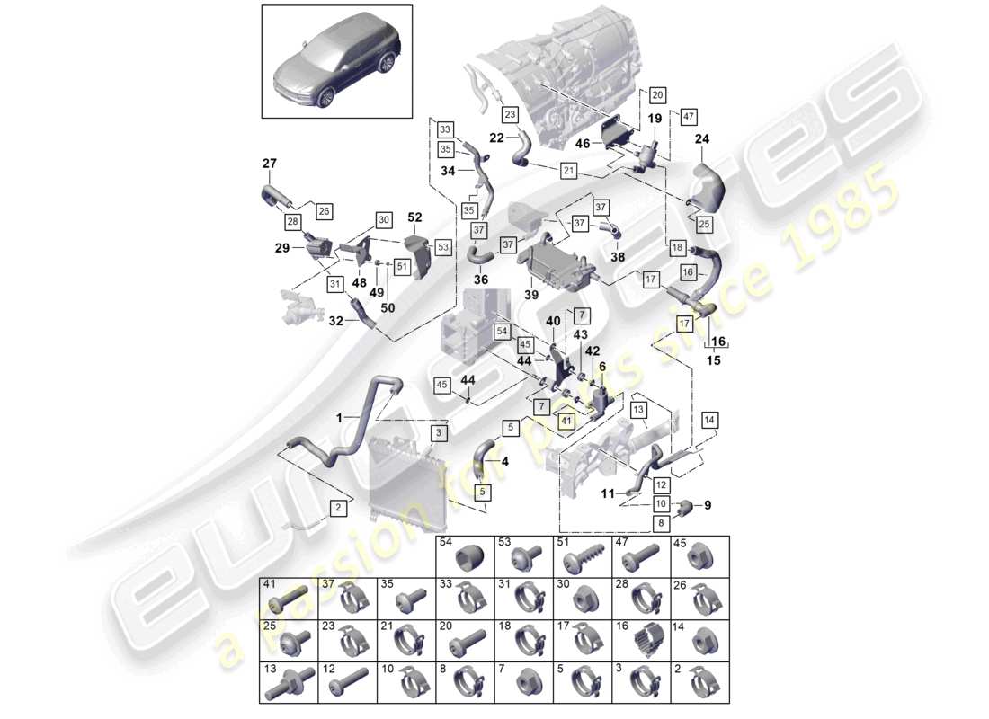 porsche 2021 (cayenne e3 9ya/9yb) système de refroidissement du liquide de refroidissement schéma des pièces