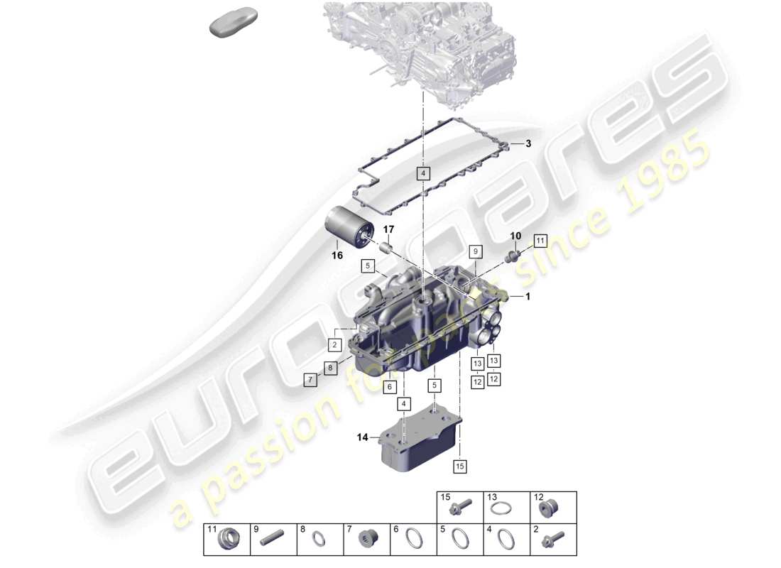 porsche 2022 (718 boxster spyder) moteur (presse à huile/lubrifiant), filtre à huile, échangeur de chaleur, boîtier conducteur d'huile, schéma des pièces