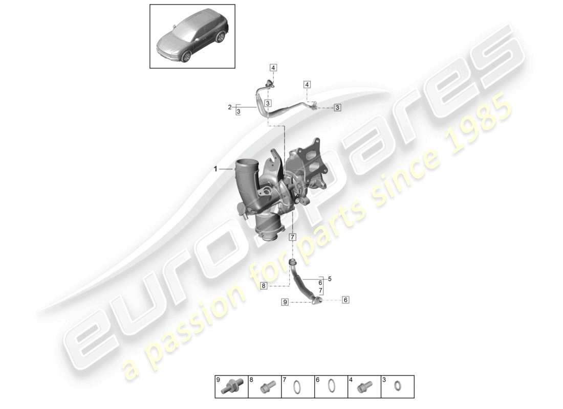 porsche 2021 (cayenne e3 9ya/9yb) schéma des pièces du turbocompresseur à gaz d'échappement