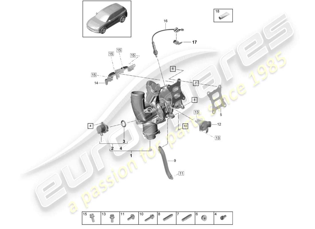 porsche 2021 (cayenne e3 9ya/9yb) schéma des pièces de la sonde lambda du turbocompresseur à gaz d'échappement