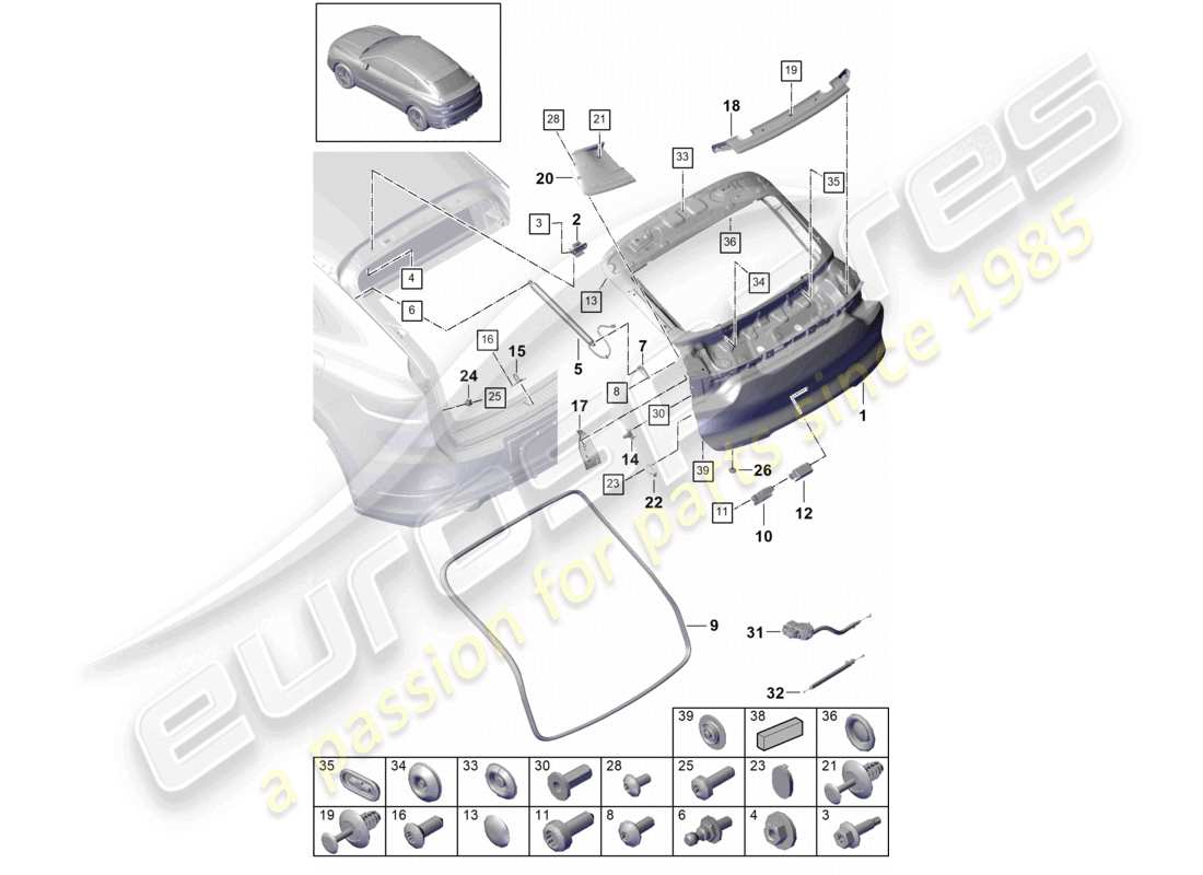 porsche 2021 (cayenne e3 9ya/9yb) schéma des pièces du couvercle arrière du coupé