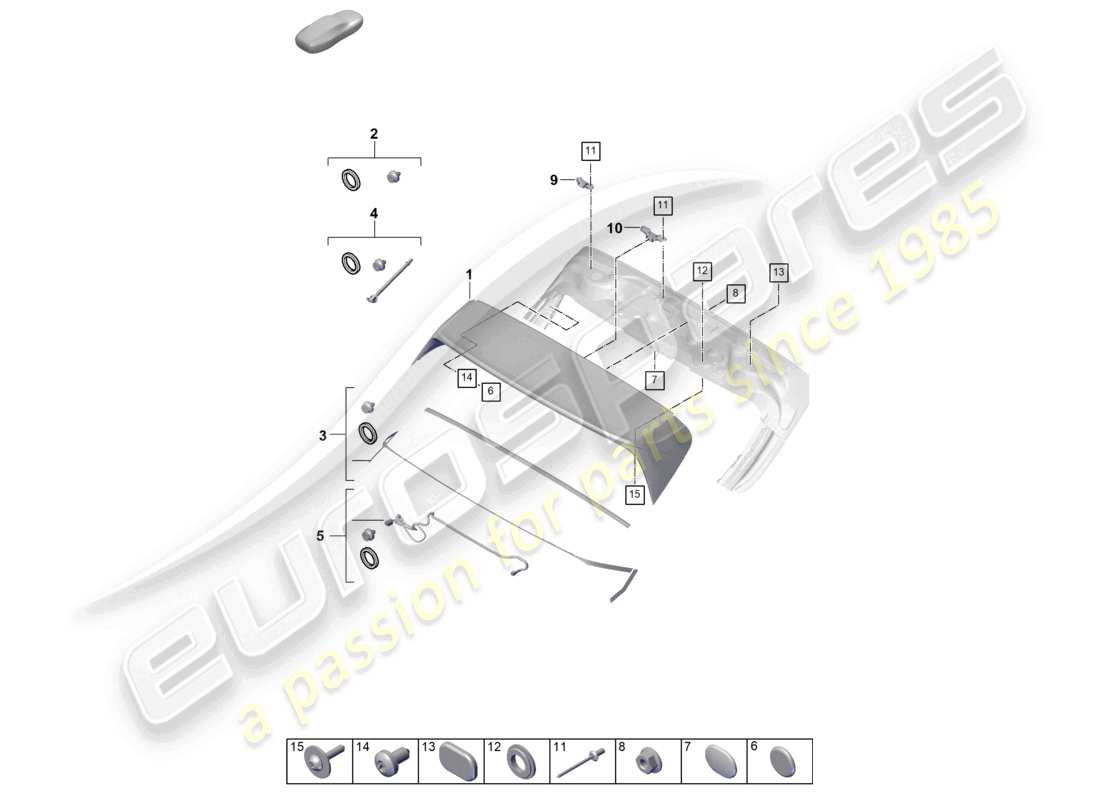 porsche 2024 (cayenne e3 pa) aileron arrière de base sur le toit schéma des pièces