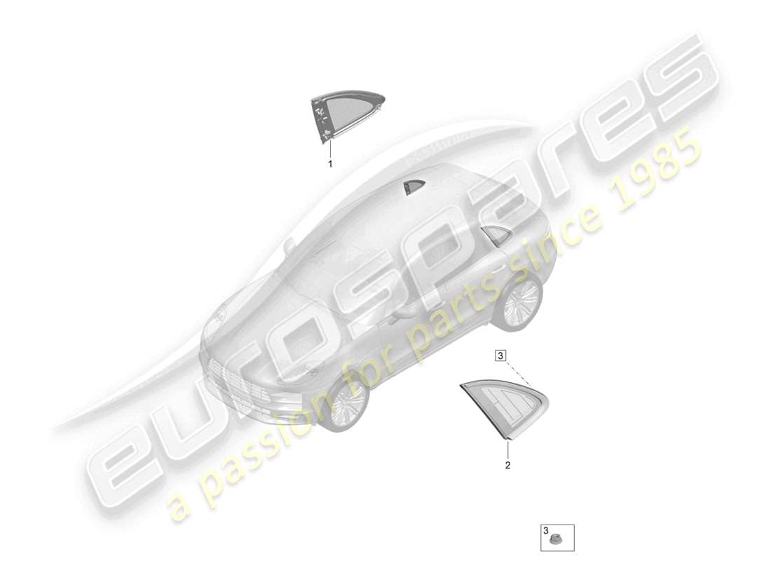 porsche 2021 (macan) fenêtre latérale (non ouvrante) pour panneau latéral arrière schéma des pièces