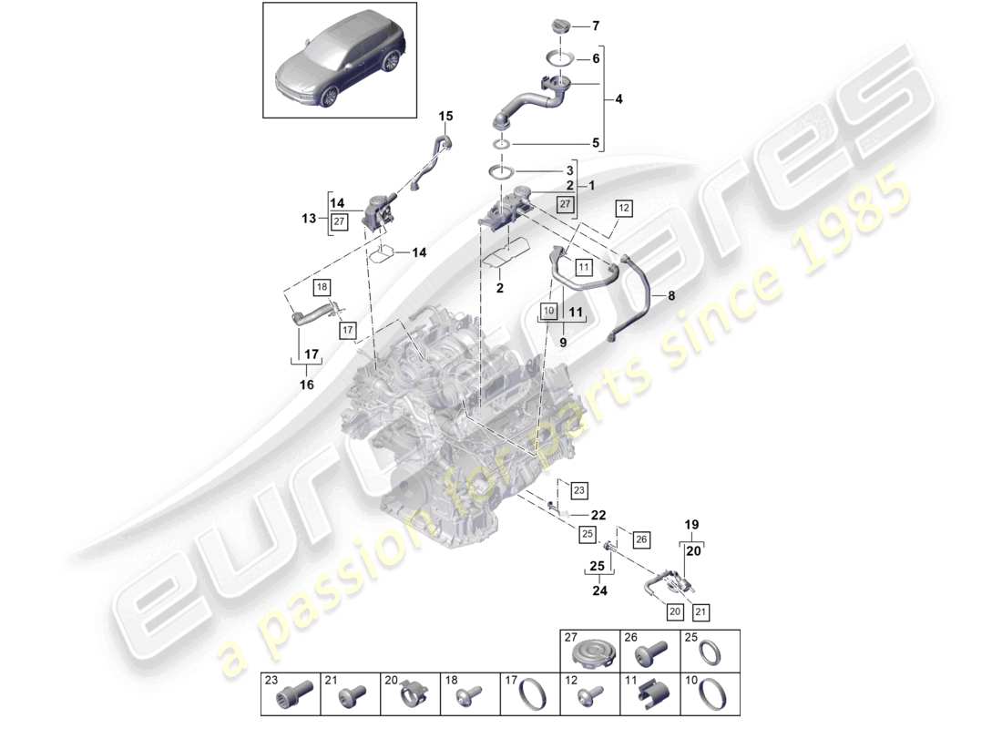 porsche 2021 (cayenne e3 9ya/9yb) ventilation du séparateur d'huile du bloc-cylindres schéma des pièces