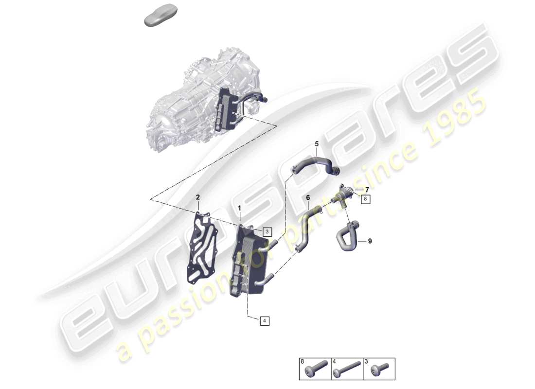 porsche 2024 (992-2) boîte de vitesses à double embrayage pdk pour véhicules à propulsion hybride. système de refroidissement de l'huile de boîte de vitesses. schéma des pièces.