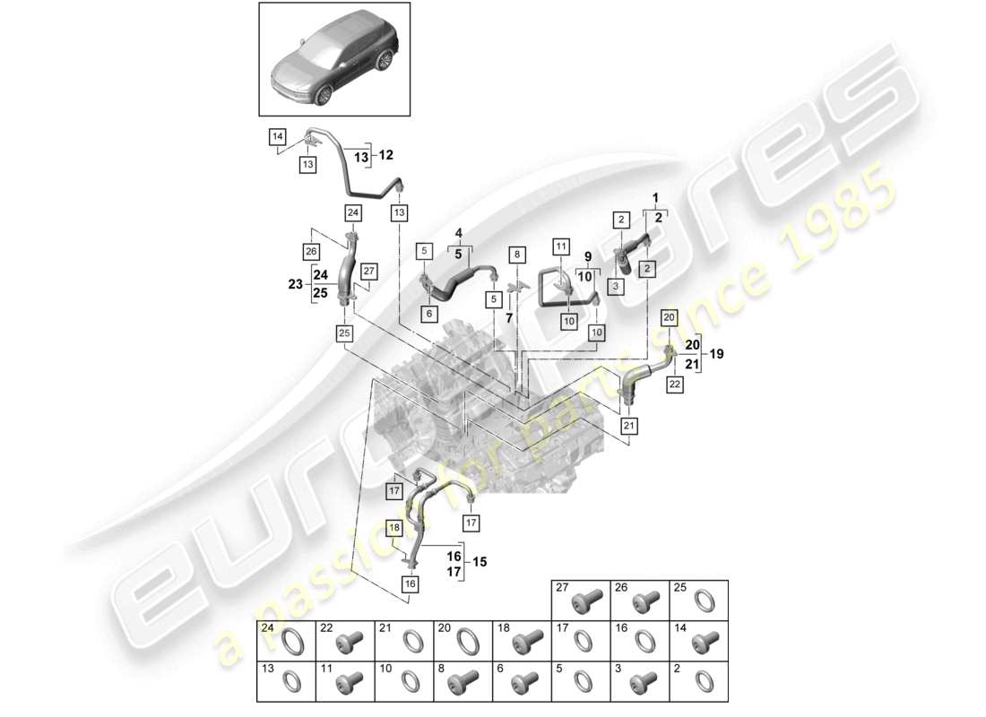 porsche 2021 (cayenne e3 9ya/9yb) système de refroidissement du liquide de refroidissement pour la conduite de pression d'huile du turbocompresseur pour le refroidissement de l'huile moteur schéma des pièces