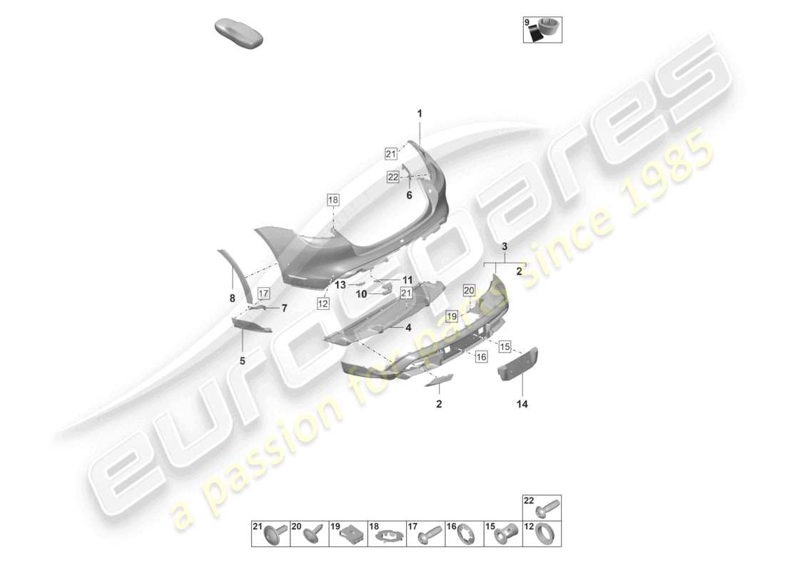 porsche 2023 (taycan 9j1-1) pare-chocs arrière pour variante d'équipement : offroad cross turismo de base diagramme des pièces