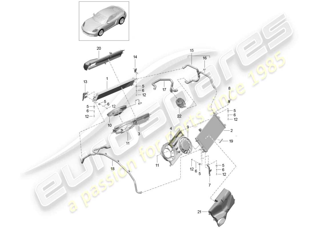 porsche 2021 (718 cayman) système de refroidissement du liquide de refroidissement refroidisseur pour liquide de refroidissement ventilateur de radiateur schéma des pièces arrière