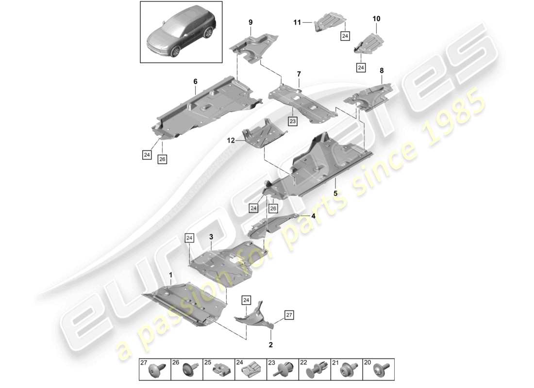 porsche 2021 (cayenne e3 9ya/9yb) garniture garniture de soubassement pour véhicules à propulsion hybride schéma des pièces