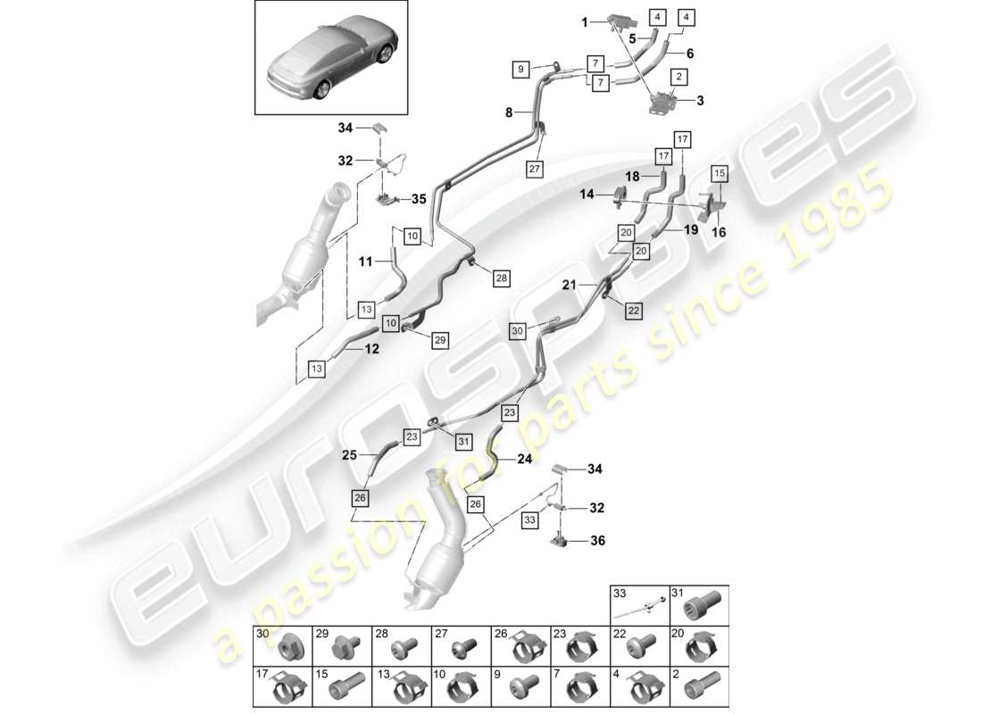 porsche 2021 (panamera 971-1) système d'échappement système de traitement des gaz d'échappement capteurs pour les véhicules équipés d'un filtre à particules essence schéma des pièces