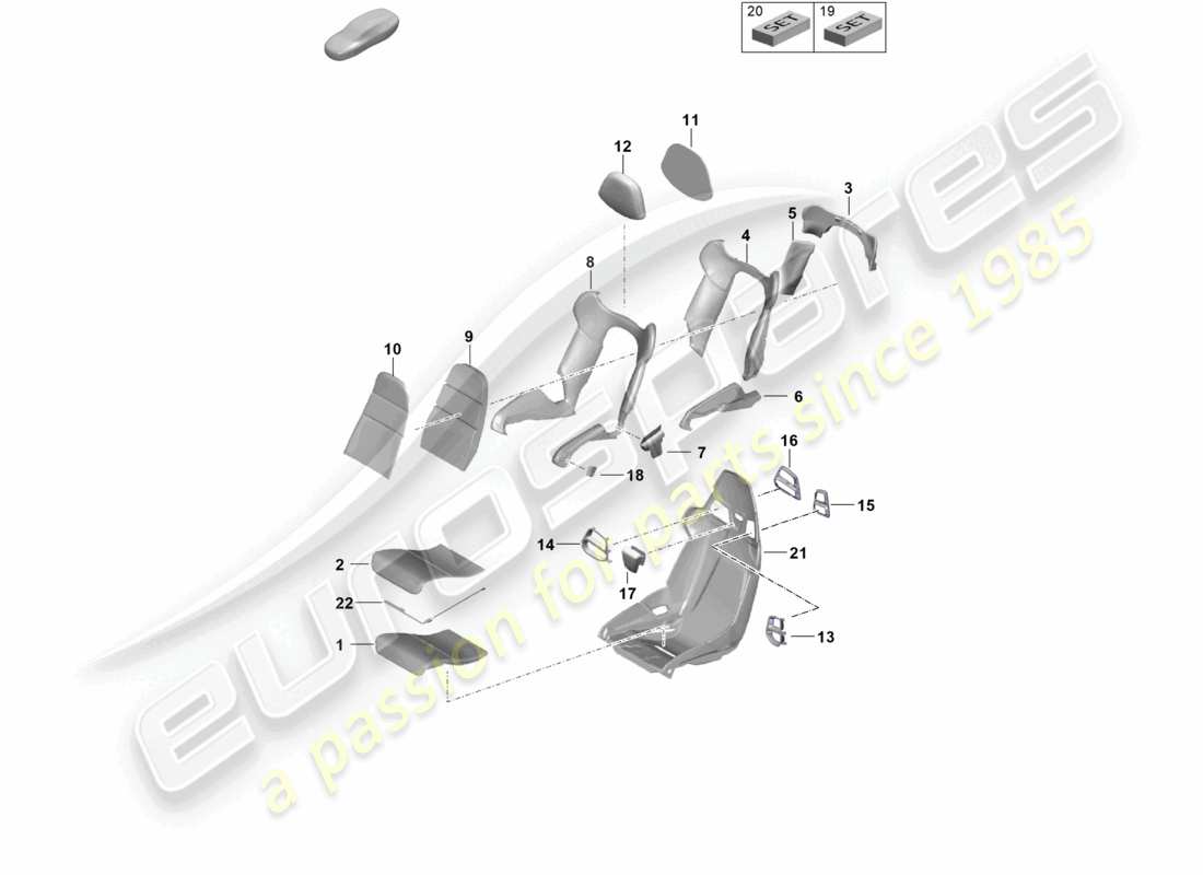 porsche 2021 (718 cayman gt4) pièce en mousse housse de dossier housse de siège siège baquet diagramme des pièces