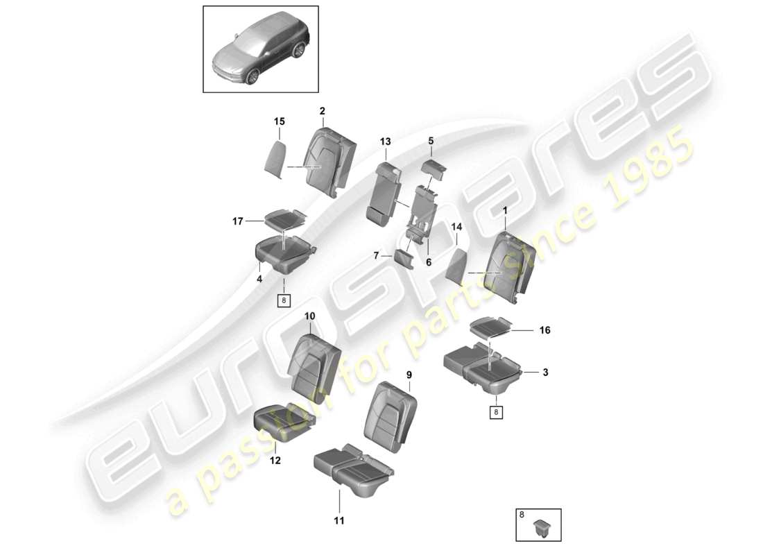 porsche 2021 (cayenne e3 9ya/9yb) housses de dossier en mousse pour siège arrière sport schéma des pièces