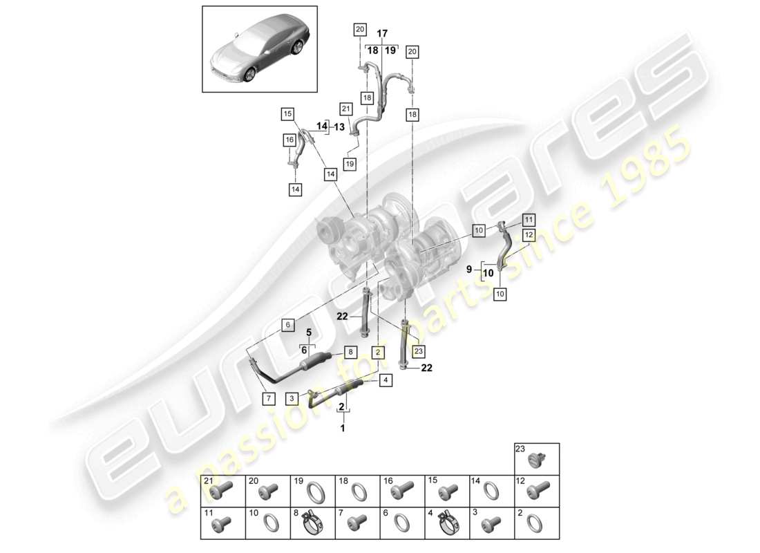 porsche 2021 (panamera 971-1) système de refroidissement du liquide de refroidissement pour turbocompresseur conduite de pression d'huile pour turbocompresseur à gaz d'échappement schéma des pièces
