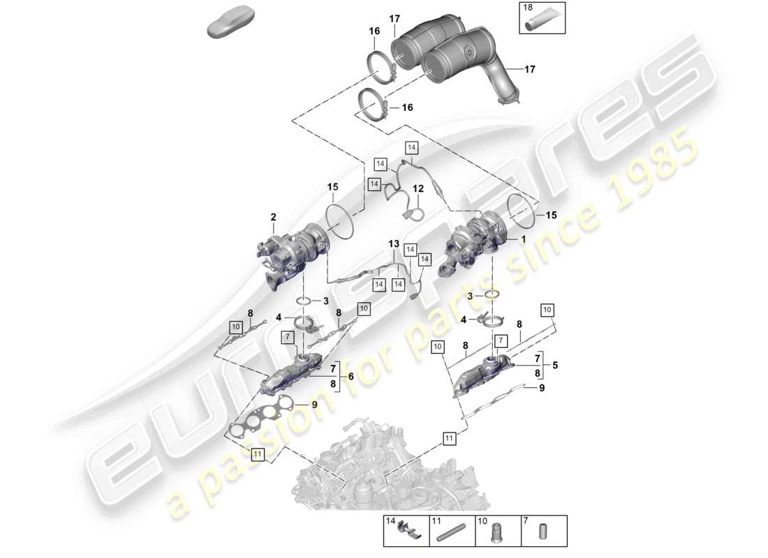 porsche 2025 (cayenne e3 pa) turbocompresseur à gaz d'échappement collecteurs d'échappement sonde lambda schéma des pièces