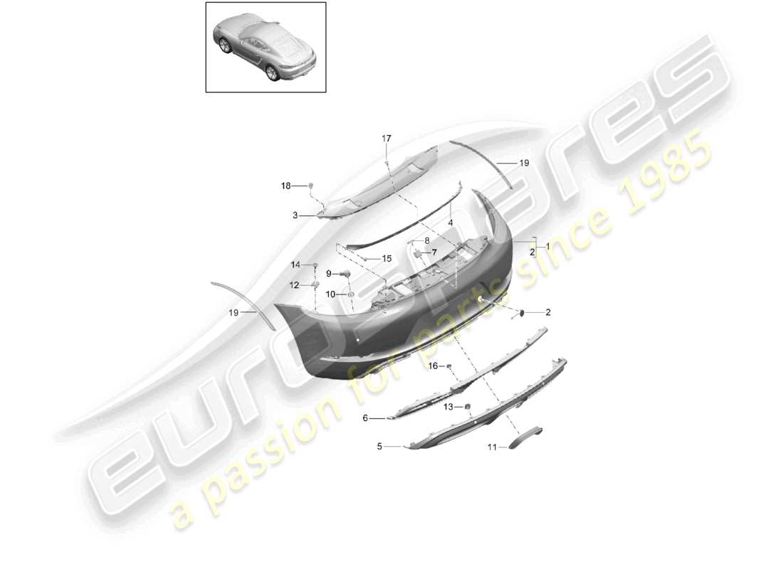 porsche 2024 (718 cayman) schéma des pièces du pare-chocs arrière du pack sport design et du gts