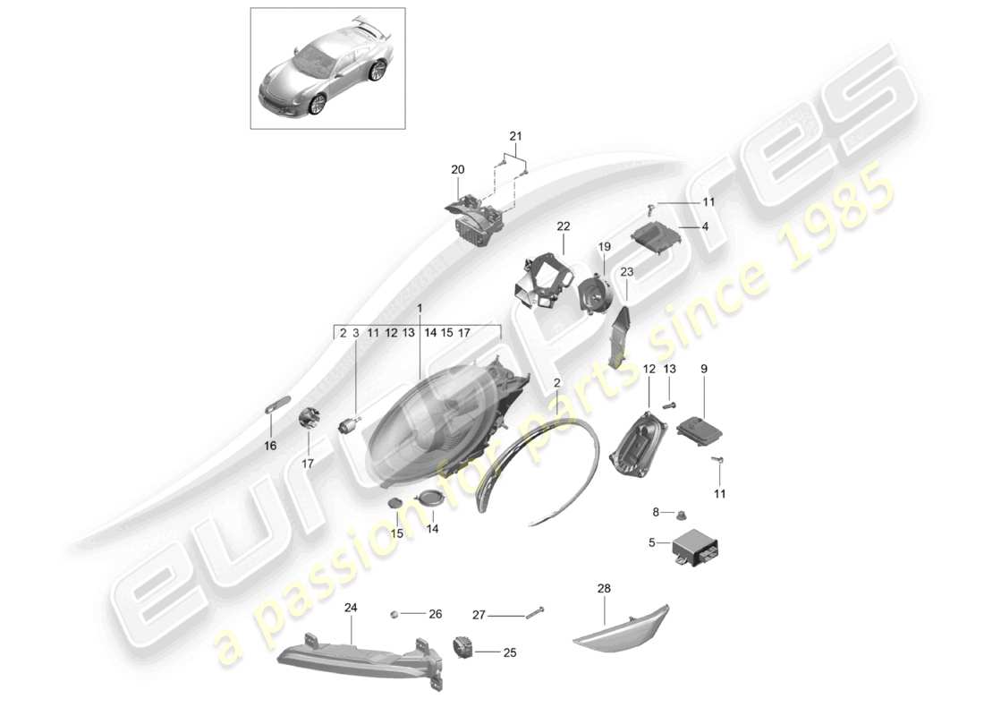 porsche 2021 (991-2 r/gt3/rs) phares phare supplémentaire clignotant feu de position latéral répétiteur de clignotant d - mj 2018>> schéma des pièces