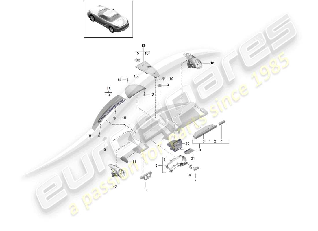 porsche 2026 (718 boxster) accessoires garniture du tableau de bord partie supérieure schéma des pièces