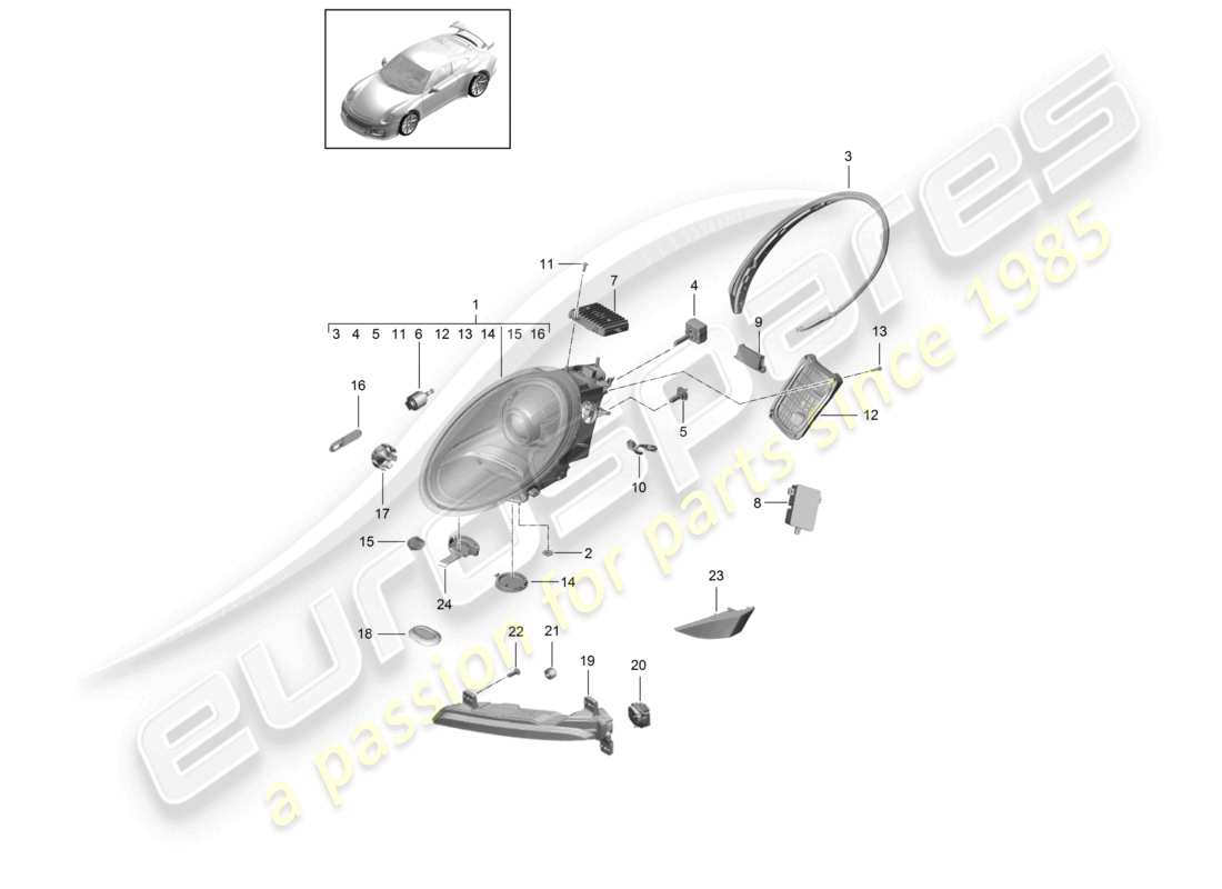 porsche 2021 (991-2 r/gt3/rs) phares phare supplémentaire clignotant feu de position latéral répétiteur de clignotant d - mj 2018>> schéma des pièces