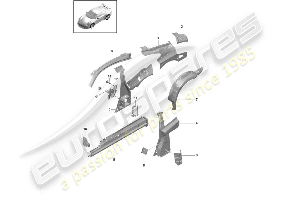 porsche 2021 (991-2 r/gt3/rs) diagramme de la partie intérieure de la partie latérale
