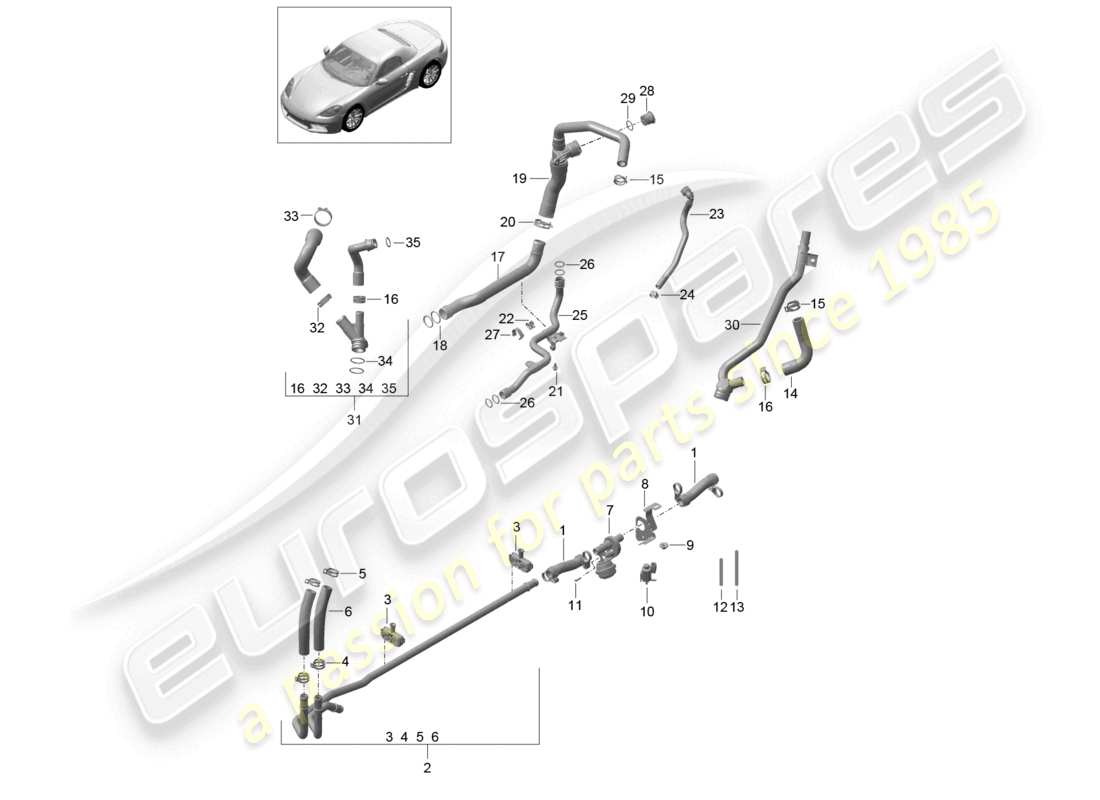 porsche 2026 (718 boxster) schéma des pièces du système de refroidissement du liquide de refroidissement