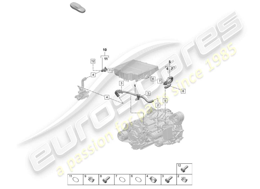 porsche 2025 (macan-e) schéma des pièces du moteur de traction pour entraînement électrique, système de refroidissement du liquide de refroidissement de l'essieu avant