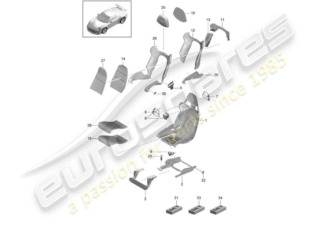 porsche 2021 (991-2 r/gt3/rs) siège baquet cadre de siège housses de siège housses de dossier pièce en mousse diagramme des pièces