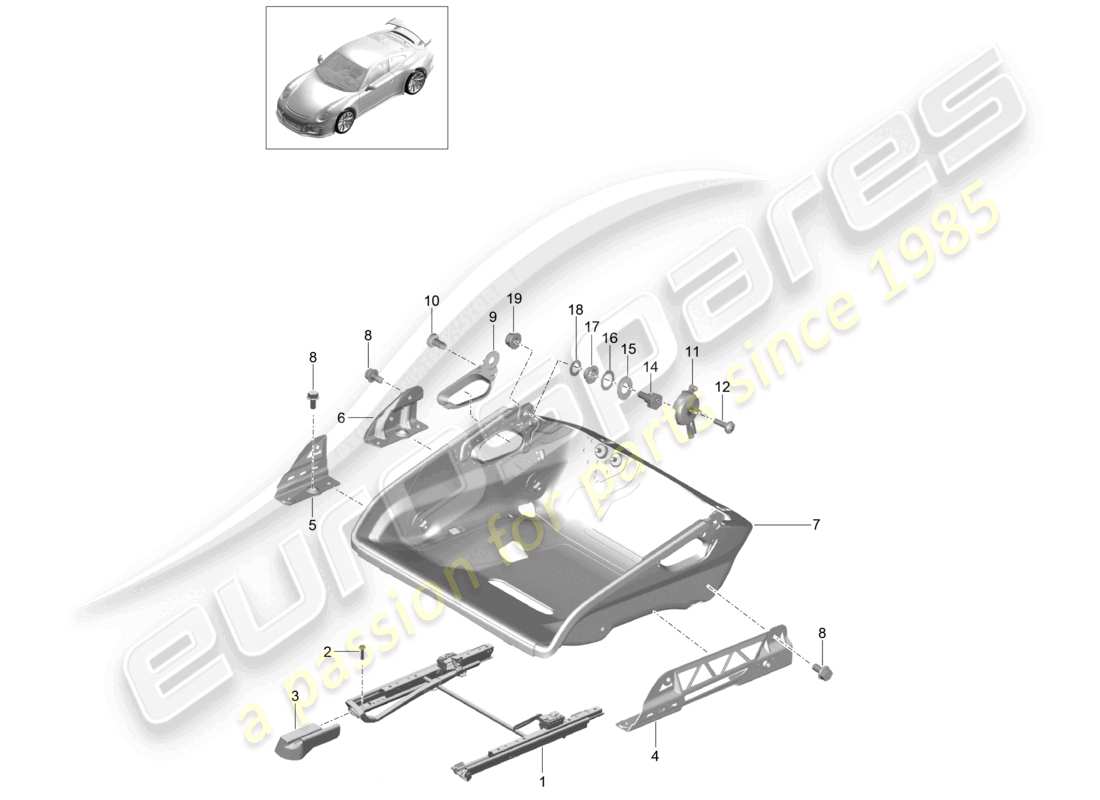porsche 2021 (991-2 r/gt3/rs) siège baquet cadre de siège pliant accessoires diagramme des pièces
