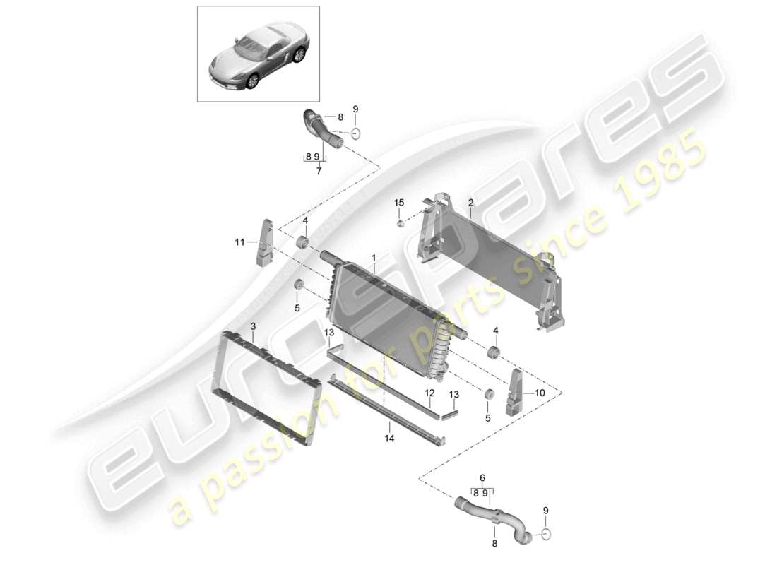 porsche 2026 (718 boxster) schéma des pièces du refroidisseur pour le centre de liquide de refroidissement