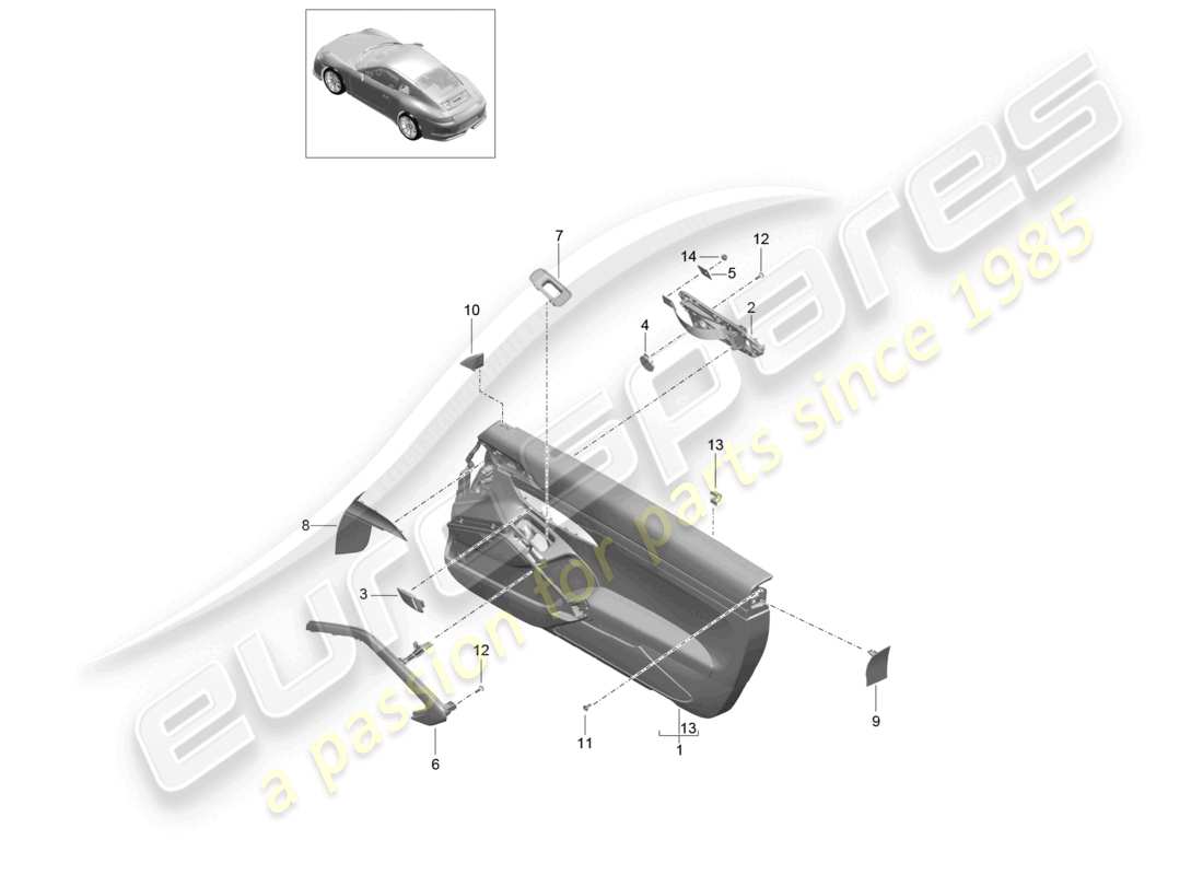 porsche 2021 (991-2 r/gt3/rs) panneau de porte accessoires pack cuir 911 r diagramme des pièces