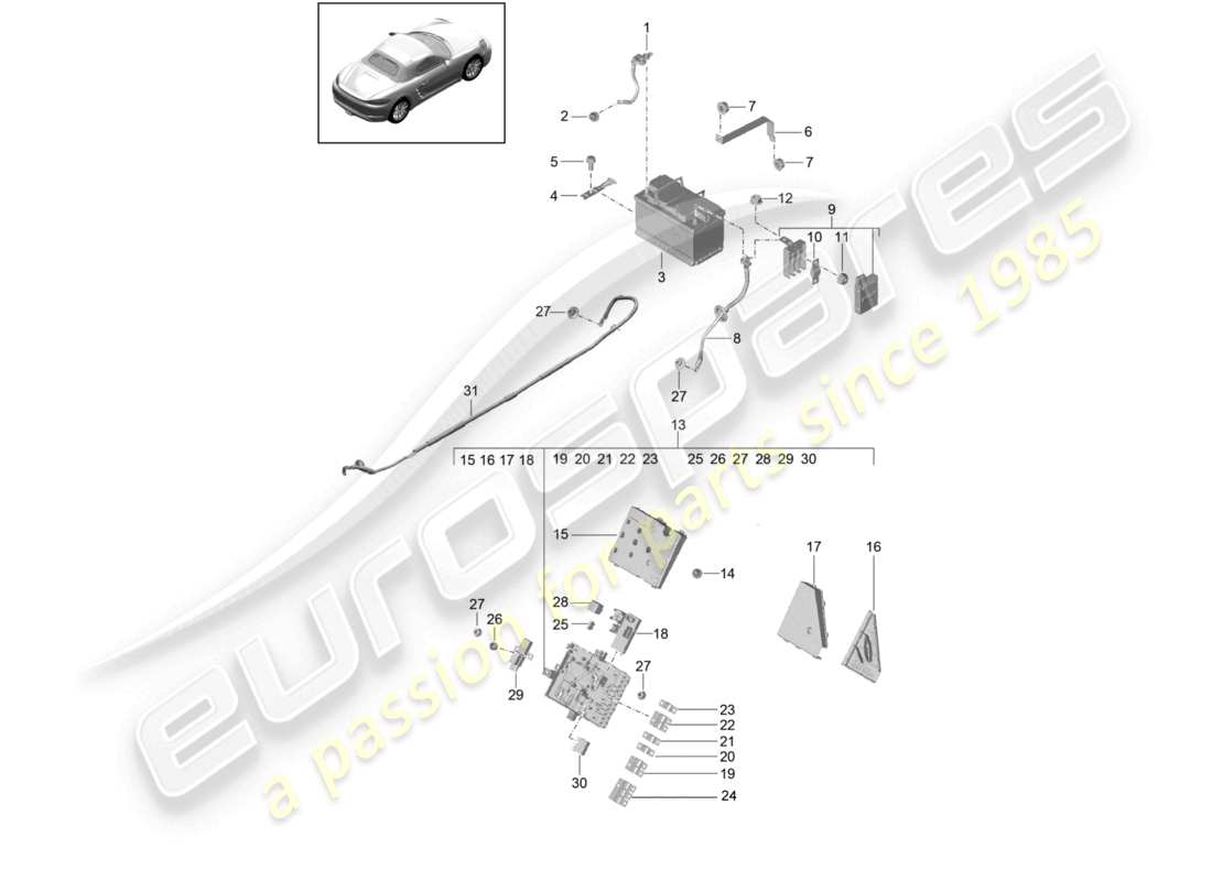 porsche 2024 (718 boxster) schéma des pièces du distributeur de potentiel de batterie